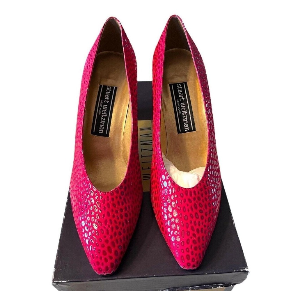 Vtg Stuart Weitzman Red Pebble Suede Pumps Heels Women's Size 37 NIB old stock